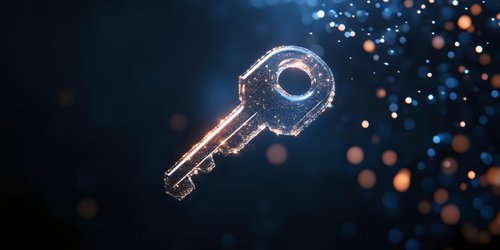 Glowing digital key floating in dark space with bokeh particles and light effects, symbolizing cybersecurity and digital access control solutions.