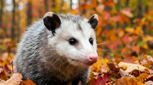Young opossum with gray and white fur sitting among colorful autumn leaves in forest setting during fall season.
