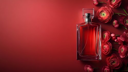 Elegant perfume bottle with red ranunculus flowers on deep red background, luxury fragrance concept for beauty and cosmetic advertising.