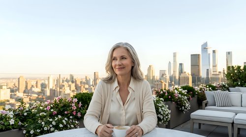 Professional mature woman with gray hair in white blazer sitting on urban rooftop terrace with city skyline background during golden hour sunset.