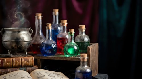 Magical potion bottles with colorful liquids and smoking cauldron create mystical alchemy laboratory scene for fantasy themes and Halloween decorations.