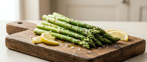 Fresh green asparagus spears with lemon slices on rustic wooden cutting board in modern kitchen. Healthy organic vegetable ingredient for cooking and meal prep.
