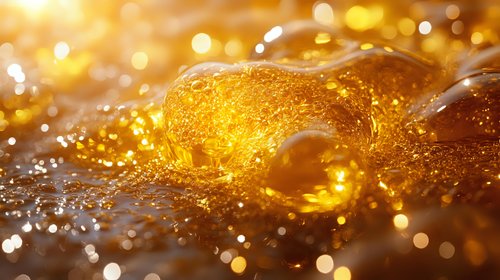 Golden honey wave splashing with glowing bokeh lights and crystallized sugar texture creates mesmerizing macro shot with rich amber tones and dynamic movement.