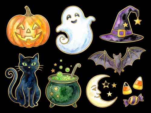 Spooky Halloween collection featuring jack-o-lantern pumpkin, friendly ghost, witch hat, black cat, cauldron, bat, crescent moon, candy corn isolated on transparent background. Ready for t-shirts, stickers, clipart, sublimation.
