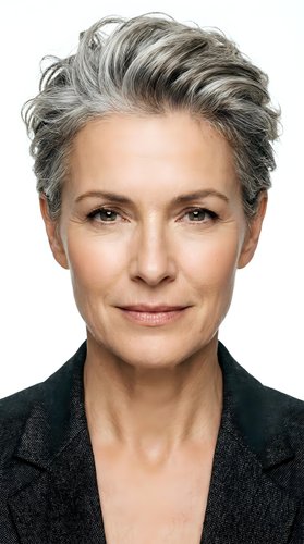 Mature woman with short gray hair and fair complexion wearing dark blazer, isolated on white background for corporate and professional use.