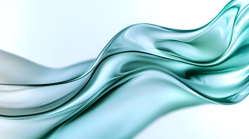 Flowing turquoise and silver waves create dynamic abstract curves and smooth lines against white background, modern minimalist design element for business presentations.