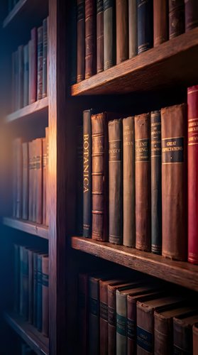 Vintage leather-bound books arranged on wooden library shelves with warm lighting creating scholarly atmosphere for academic and literary projects.