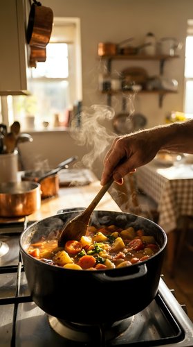 Hand stirring hot vegetable stew in cast iron pot on stove with steam rising in cozy rustic kitchen with copper cookware and wooden utensils on shelves.