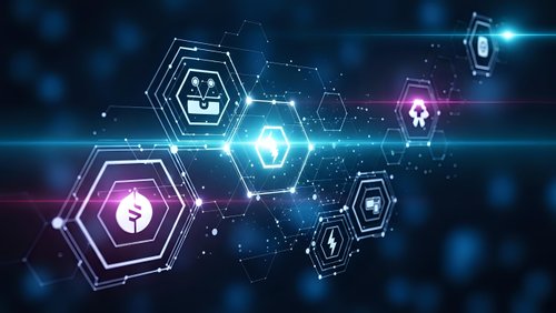 Futuristic digital interface with glowing hexagonal icons and network connections on dark blue technology background for modern business presentations.