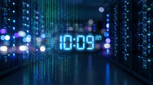 Digital clock displaying 10:09 AM floating in futuristic data center with glowing blue matrix code streams and bokeh lights for technology concepts.