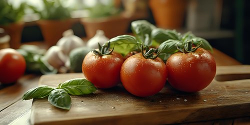 Fresh ripe tomatoes on vine with water drops and basil leaves on rustic wooden cutting board, natural light food photography for cooking background.