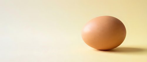 Single brown chicken egg on clean beige background with soft lighting and copy space for food photography and cooking concepts.