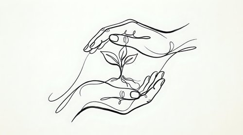 Protective hands nurturing young plant sprout in minimalist line art style. Environmental care, growth, sustainability concept for eco-friendly designs.