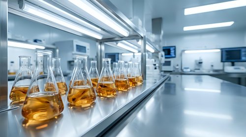 Laboratory glassware with amber liquid samples arranged on sterile counter in modern research facility for scientific analysis and testing procedures.