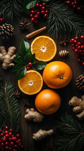 Fresh oranges with winter spices, ginger root, pine branches, red berries and star anise on dark wooden background. Holiday food photography concept.
