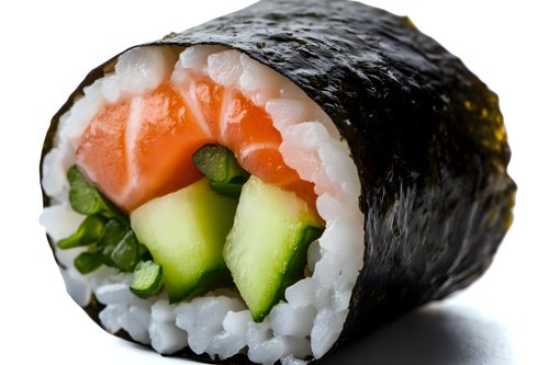 Fresh sushi roll with raw salmon, cucumber and green onion wrapped in nori seaweed and white rice, close up on white background.