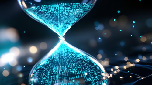 Digital data flowing through hourglass shape with glowing blue binary code and light particles on dark background, symbolizing time management and technology.