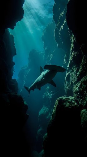 Hammerhead shark swimming through underwater cave with dramatic sunlight rays filtering through turquoise water creating mystical marine environment.