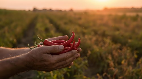 Farmer hands holding fresh red chili peppers at sunset in agricultural field. Organic spice harvest concept for cooking and food production.