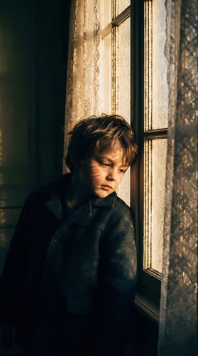 Young Caucasian man with tousled hair sitting pensively by vintage window with warm golden sunlight streaming through glass panes in moody atmospheric interior.