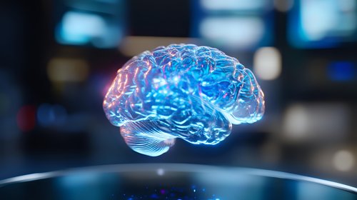 Glowing translucent brain model with blue and pink neon lighting effect floating above reflective surface against dark background, showcasing neural networks and medical technology.