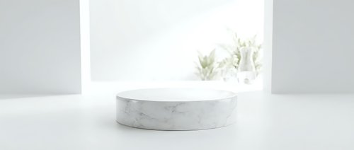 White marble podium on clean background with soft natural light and blurred plant, minimal luxury product display stage for cosmetics.