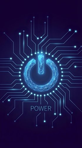 Digital power button with circuit board connections on dark blue background for technology and electronics design concepts.