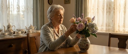 Senior Caucasian woman arranging fresh flowers in decorative vase at home table by window. Elderly lady enjoying peaceful domestic activity in cozy interior.