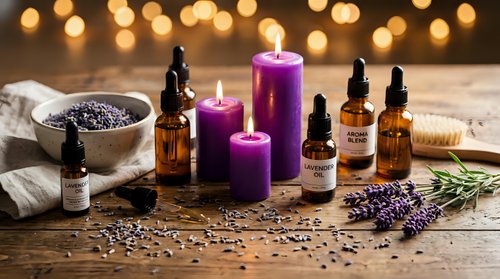 Lavender essential oil bottles with purple candles and dried flowers on rustic wooden table. Aromatherapy spa wellness relaxation concept with warm bokeh lights.