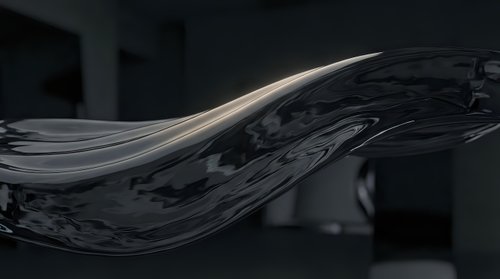Abstract flowing liquid metal wave with smooth curves and reflective surface creating dynamic motion against dark background for modern design projects.