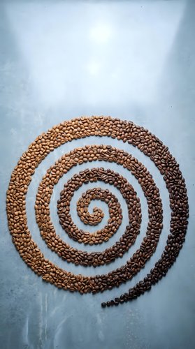 Coffee beans arranged in spiral pattern on textured blue background for cafe menu design and beverage advertising concepts.