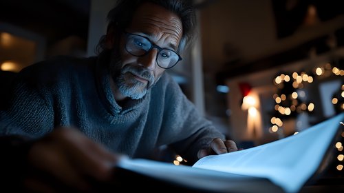 Mature bearded Caucasian man in glasses and sweater reading book in dim evening light with bokeh lights in background, creating cozy atmosphere for relaxation.