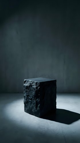 Dark stone cube podium with rough textured surface on concrete floor against moody wall background for luxury product display and branding presentations.