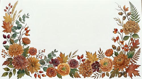Autumn floral border with warm orange, brown and gold flowers, leaves and botanical elements on cream background for seasonal design projects.