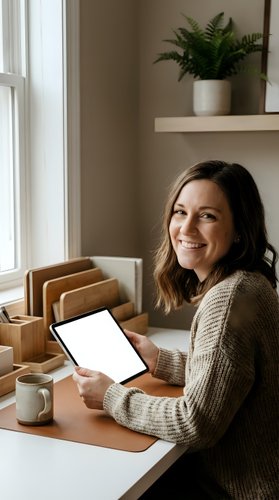 Woman with dark hair, appearing to be in her 30s-40s of mixed ethnicity, smiling at camera while holding tablet with blank screen at wooden desk. Bright home office with potted fern, coffee mug, and natural window light. Remote work, freelance, and business concept.