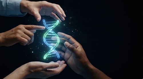 Business professionals collaborating to protect glowing DNA helix with hands, representing genetic research, biotechnology innovation and scientific teamwork.