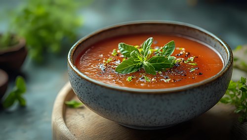 Homemade tomato soup garnished with fresh basil leaves and herbs served in rustic ceramic bowl on wooden board, close up view with selective focus.