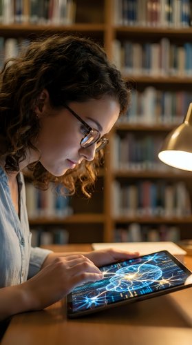 Young woman with curly auburn hair and glasses studying artificial intelligence interface on tablet in library setting with bookshelves and desk lamp for education and technology concepts.