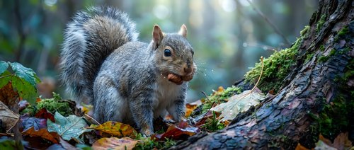 Gray squirrel sitting on mossy tree branch in autumn forest with colorful fallen leaves. Wildlife photography perfect for nature and outdoor themes.