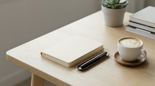 Young professional workspace with open notebook, pen, coffee cup, succulent plant and books on wooden desk for business and productivity concepts.