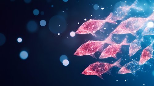 Glowing pink geometric shapes form school of fish in deep blue cosmic space with bokeh lights and particles, digital art style composition.