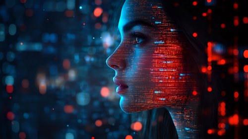 Profile silhouette illuminated by futuristic red and blue lights against digital matrix background with glowing particles and data streams for technology concept.