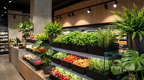 Modern grocery store produce section with fresh vegetables and fruits displayed on sleek shelving units surrounded by lush green plants in contemporary retail space.