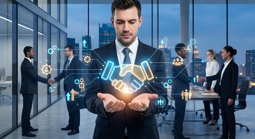 Young Caucasian businessman in suit holding glowing digital handshake hologram in modern office with team meeting in background representing partnership and collaboration.