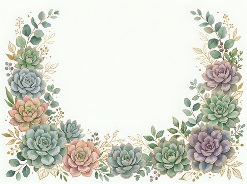 Watercolor succulent wreath frame with eucalyptus leaves and gold accents on cream background for wedding invitations and botanical design projects.