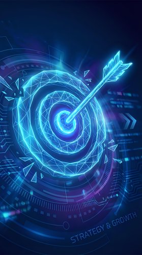 Glowing blue digital target with arrow hitting bullseye center surrounded by futuristic holographic interface elements for business strategy concepts.