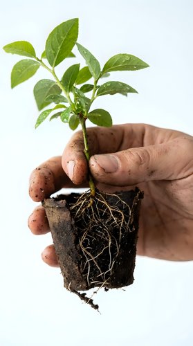 Weathered hand holding a young green seedling with exposed roots and soil, symbolizing growth, sustainability, and environmental care.