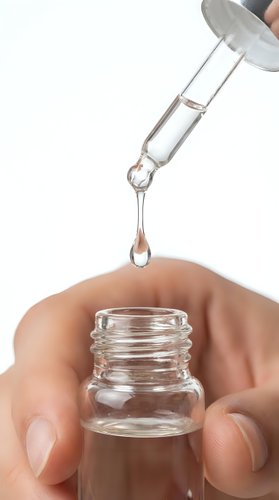Dropper releasing a clear serum drop into a glass bottle held by hand, skincare routine concept for beauty and wellness brands.