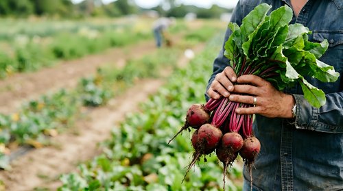 Farmer holding fresh harvested red beets with green leafy tops in agricultural field during daytime crop collection and farming operations.