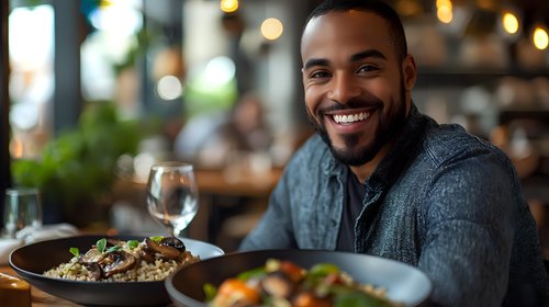 Young African American man with beard smiling at restaurant table with gourmet meal and wine glass, warm ambient lighting creates welcoming dining atmosphere.